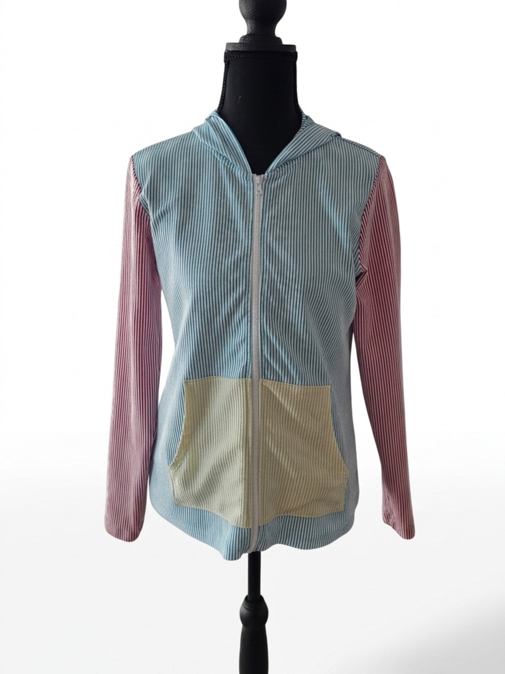 Lands' End Striped Hooded Zip Jacket in Blue, Pink & Cream